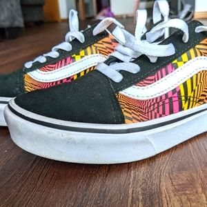 Gently used Girls VANS retro shoes- black with pink, yellow and orange design